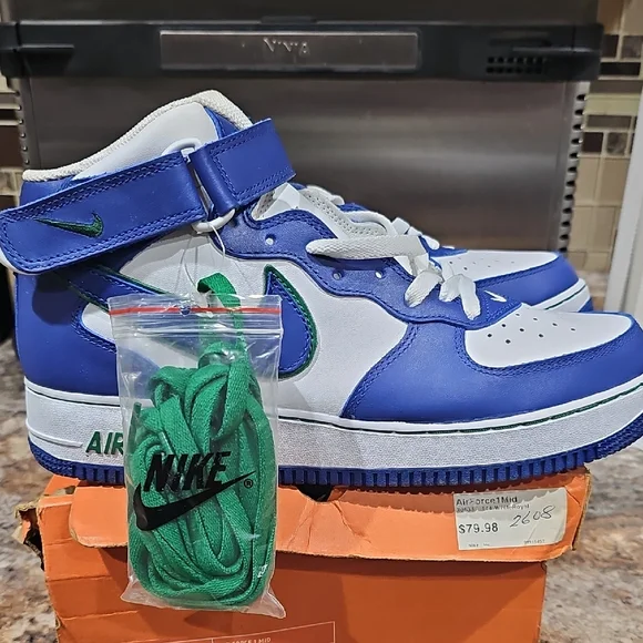 Nike Air Force 1 Mid Blue White Sneakers with Green Accents - Picture 1 of 6